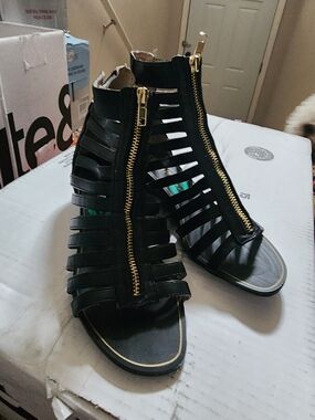 Report Black Strappy Gladiator Wedge Heels with Gold Front Zippers